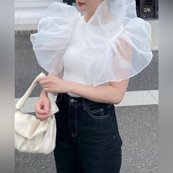 Zara tulle ruffled white ribbed bodysuit sleeveless top - Picture 4 of 11